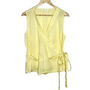 Butter Yellow Gingham Sleeveless Wrap Top Womens M Cottagecore